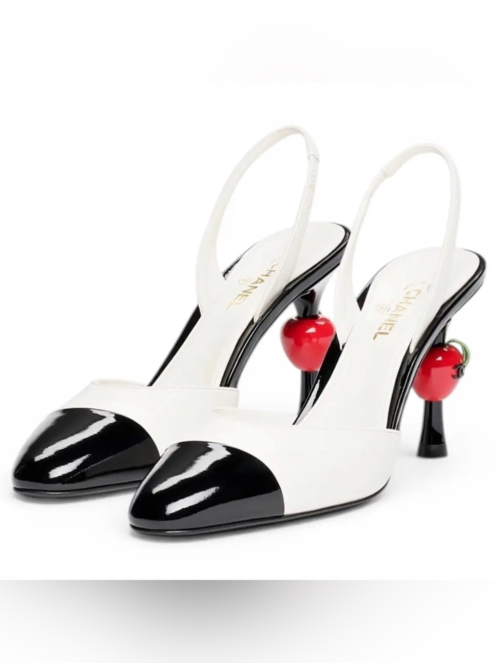 CHANEL White and Black Slingback Pumps with Red Cherry Heels